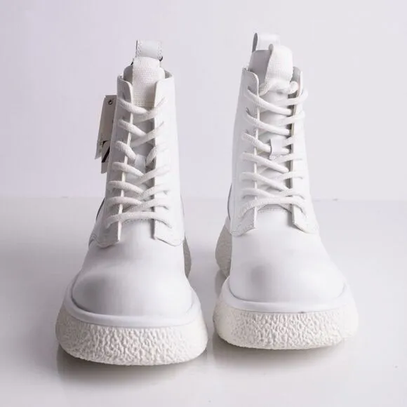 Zara Womens White Leather Chunky Ankle Boots EU 37 US 6.5 Combat 1116/810 NWT