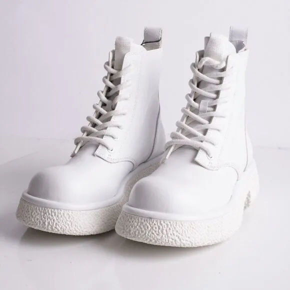 Zara Womens White Leather Chunky Ankle Boots EU 37 US 6.5 Combat 1116/810 NWT