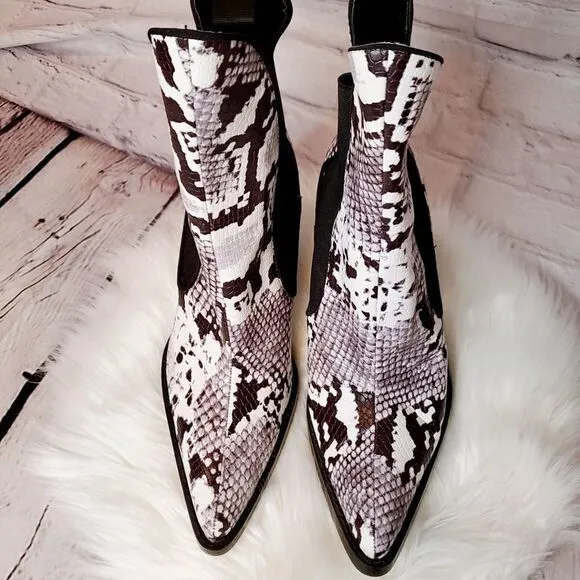 ZARA Black and White Snakeprint Ankle Boot/Bootie with Chunky Heel Size …