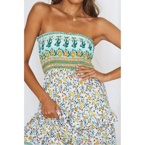 ZESICA Women's  Summer Bohemian Floral Printed Strapless Beach  Long Maxi Dress
