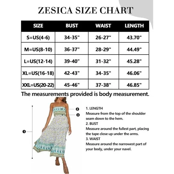 ZESICA Women's  Summer Bohemian Floral Printed Strapless Beach  Long Maxi Dress