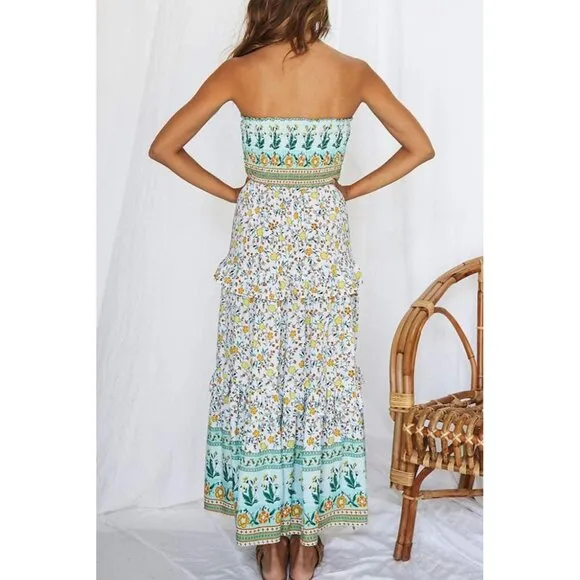 ZESICA Women's  Summer Bohemian Floral Printed Strapless Beach  Long Maxi Dress