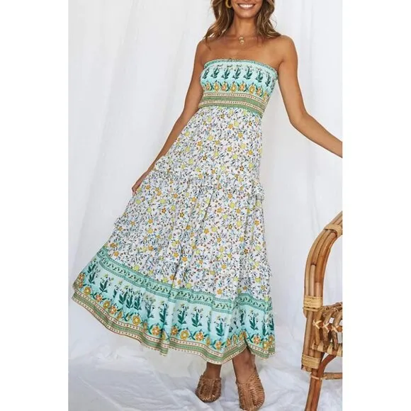 ZESICA Women's  Summer Bohemian Floral Printed Strapless Beach  Long Maxi Dress