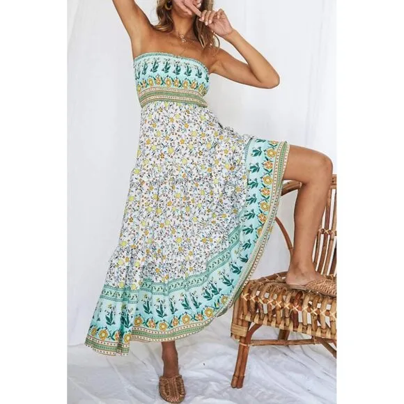 ZESICA Women's  Summer Bohemian Floral Printed Strapless Beach  Long Maxi Dress