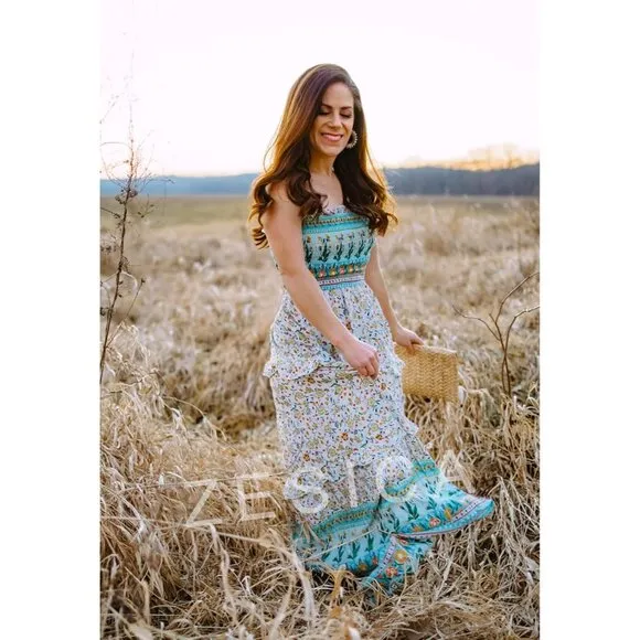 ZESICA Women's  Summer Bohemian Floral Printed Strapless Beach  Long Maxi Dress